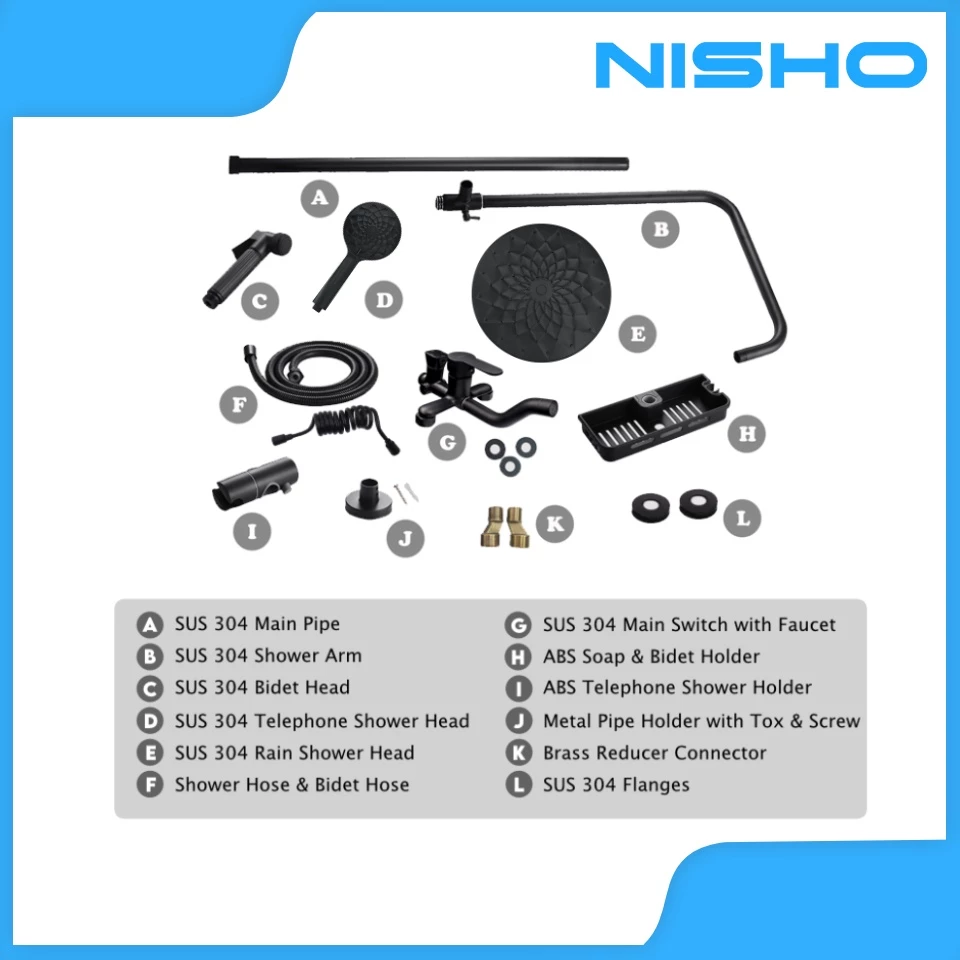 nisho black stainless rain shower full set with abs round head flower design dual water inlet nisho black stainless rain shower full set with abs round head flower design dual water inlet