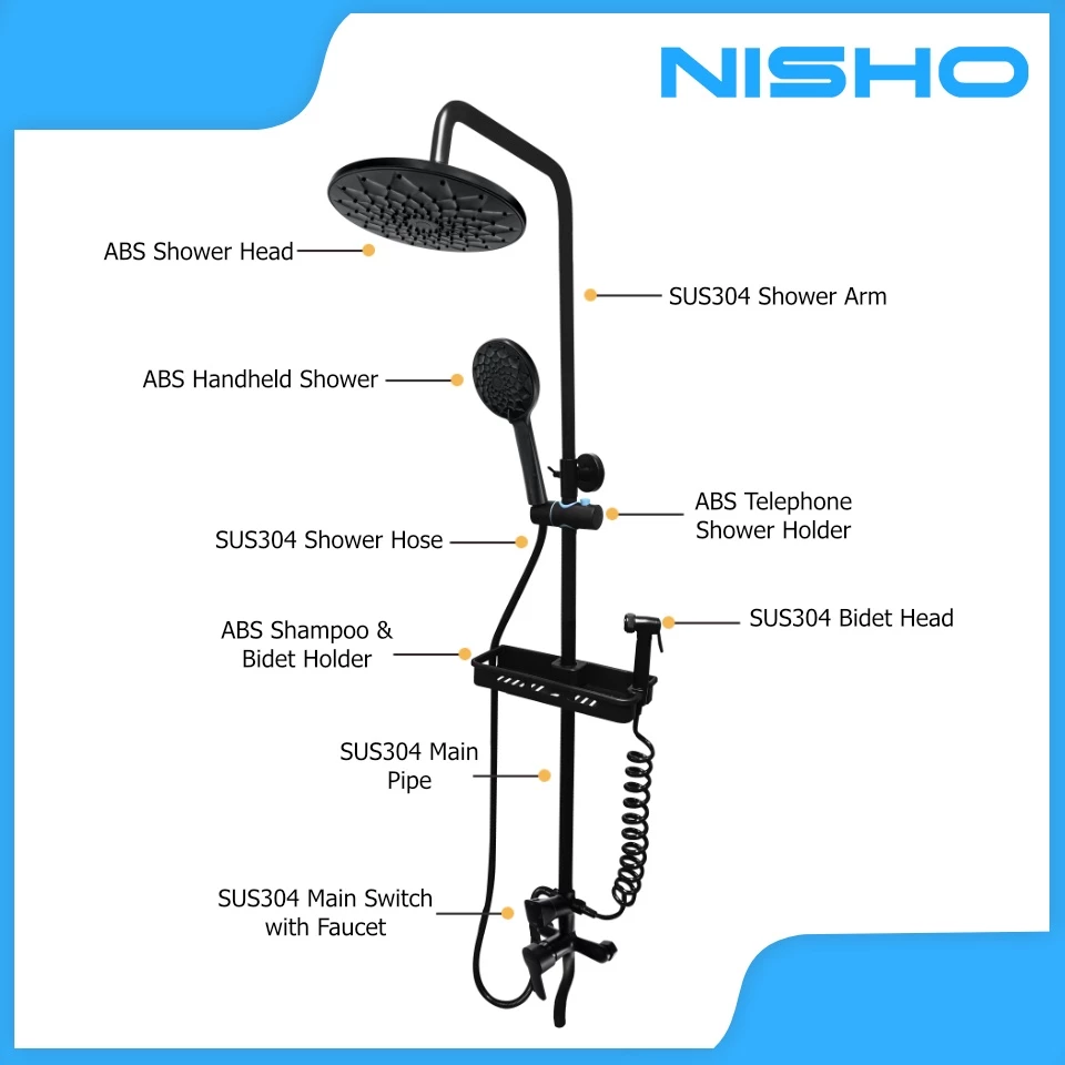 nisho black stainless rain shower full set with abs round head flower design dual water inlet nisho black stainless rain shower full set with abs round head flower design dual water inlet