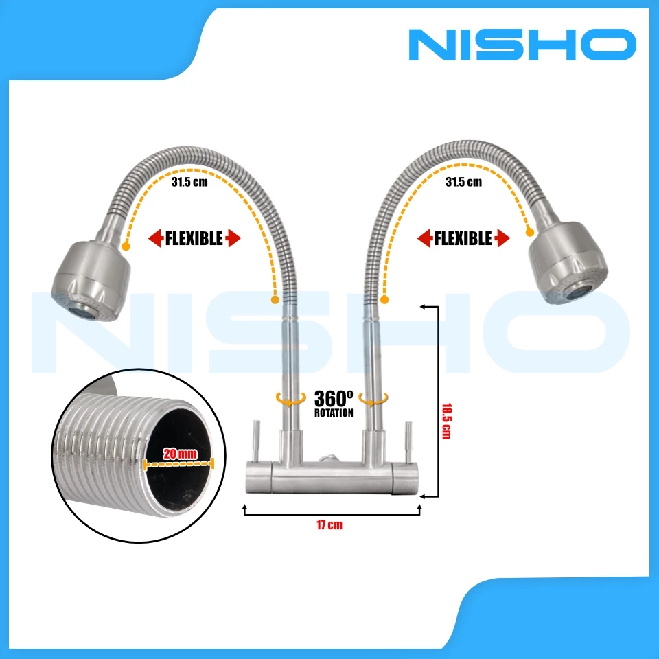 nisho shiro sus304 stainless flexible gooseneck twin dual wall faucet single water tap kitchen nisho shiro sus304 stainless flexible gooseneck twin dual wall faucet single water tap kitchen