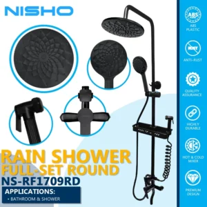nisho black stainless rain shower full set with abs round head flower design dual water inlet