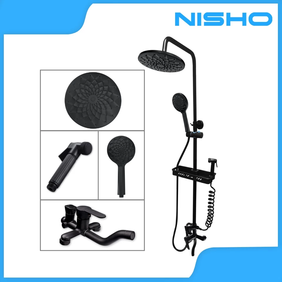 nisho black stainless rain shower full set with abs round head flower design dual water inlet nisho black stainless rain shower full set with abs round head flower design dual water inlet