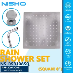 nisho showa stainless sus 304 8" square rain shower with 45cm arm set heavy duty rainfall set