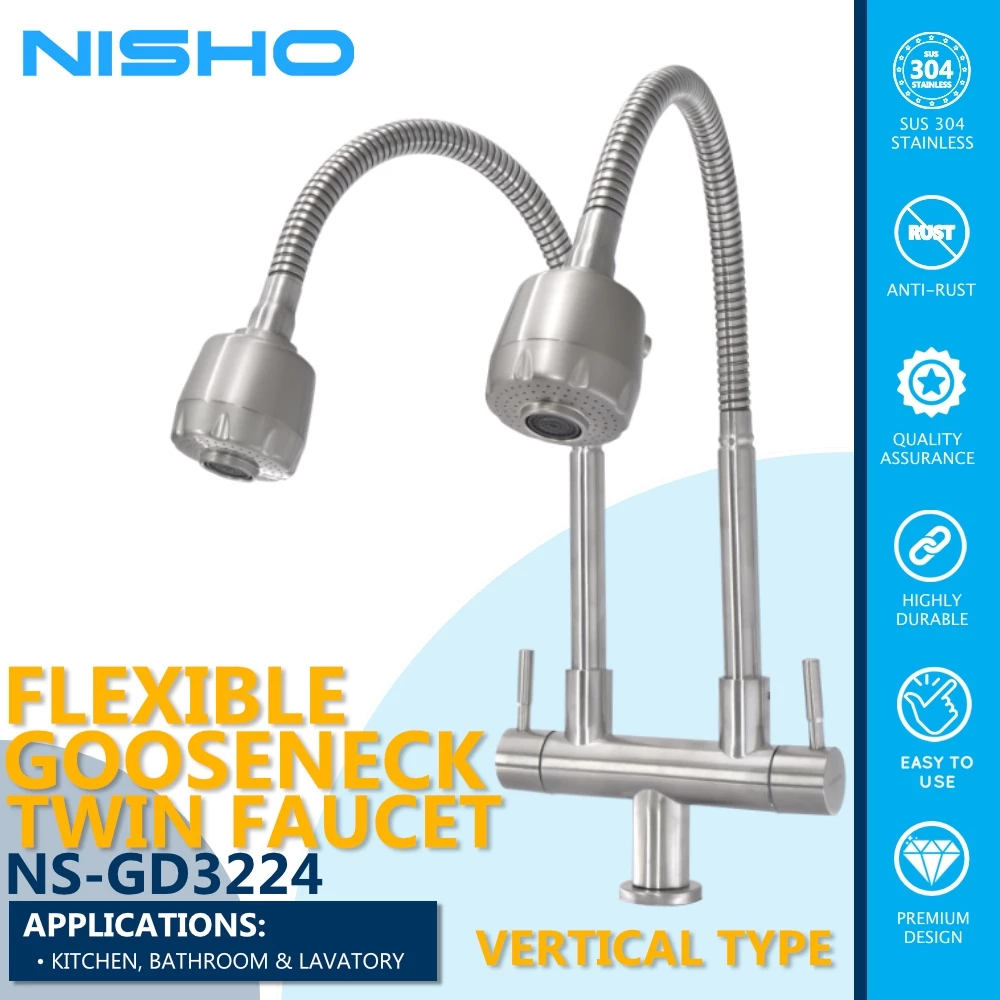 nisho shiro sus304 stainless flexible gooseneck twin dual bar faucet single water inlet kitchen tap nisho shiro sus304 stainless flexible gooseneck twin dual bar faucet single water inlet kitchen tap